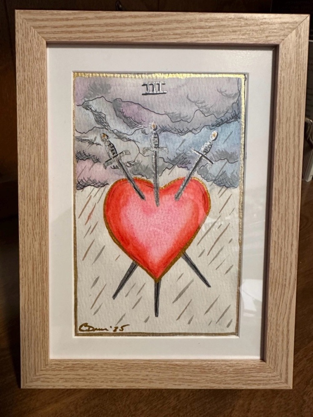 Hand made Three of Swords Tarot-Inspired Heart watercolor